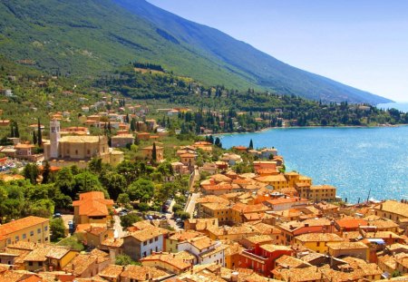 beautiful coastal town in italy - town, mountains, trees, coast