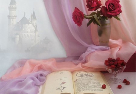 Beautiful Still Life for Purple-Haze - flowers, raspberry, book, petals, still life