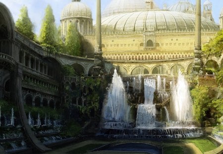 City Hall - city, fantasy, water, waterfall