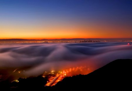 CITY beneath the FOG - city, night, fog, lights