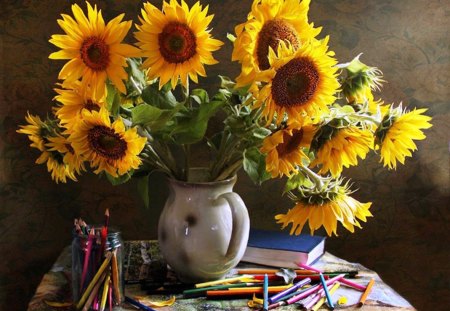 Sunflower - flower vase, sunflower, pencils, yellow, table