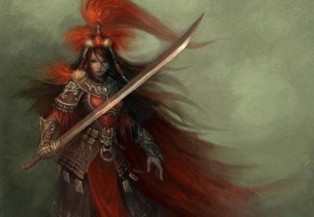 Crimson Soldier - girl, female, warrior, long hair, red hair, armour, green background, weapon, sword