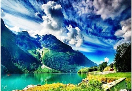 Cloudy blue - sky, lake, view, photography, cloudy, nature, mountain, blue