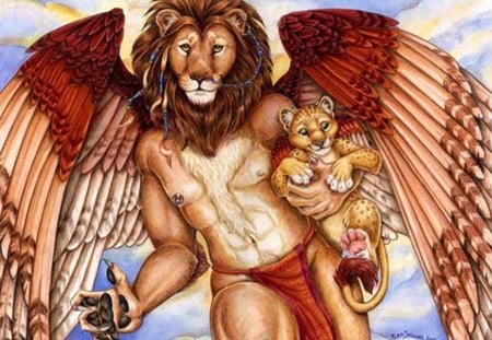 Child Saver - lions, male, lion, mane, angel, fantasty, wings, child, loin cloth