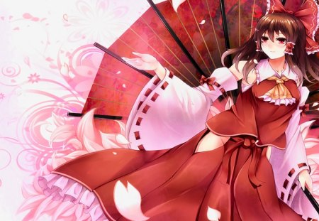 Hakurei Reimu - female, umbrella, touhou, hakurei reimu, twin tails, anime girl, cherry blossom, hot, red dress, blush, fan, brown hair, cool, flower, petals, hair bow, smile, sexy