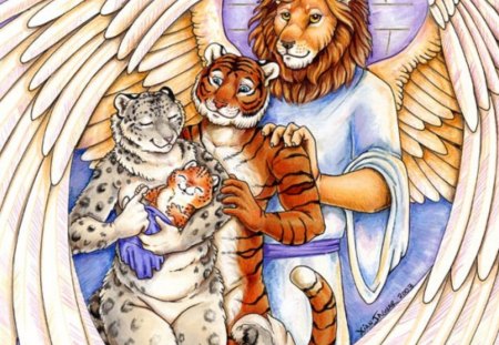 Blessed Child - angel, baby, family, fantasy, white, wings, mother, lion, tigers, father