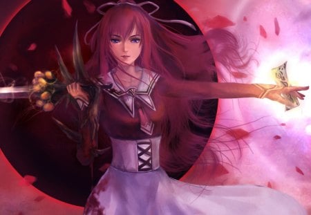 Kusakabe Misuzu - black moon, kusakabe misuzu, sexy, hot, female, blue eyes, long hair, anime girl, red hair, cherry blossom, cool, petals, sword