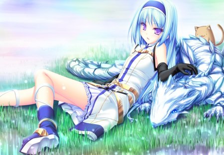 Tenmaso - sky, animal, cute, anime, dress, grass