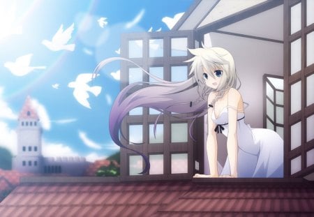 vocaloid - sky, vocaloid, buildings, cute, dress, birds