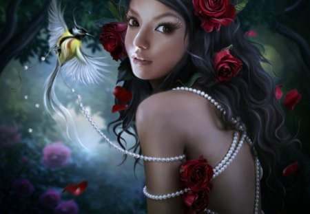 Roses and pearls - roses, girl, fairy, pearls