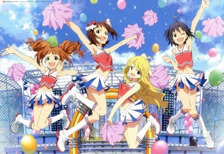 Idolmaster - anime, cute, skirts, smiling, cheerleader, sky