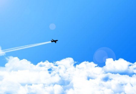 Above The Clouds - rays, sky, sun, light, plane, airplane, sun rays, white, abstract, blue