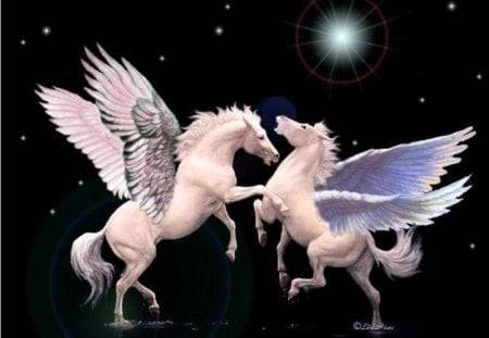 Pegasus Challenge - stars, two, sky, wings, night, black, space, fantasy, star, fight, moonlight, pegasus