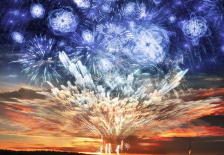 Fireworks - Concept - blue, explosions, digital, 3d, pattern, sky