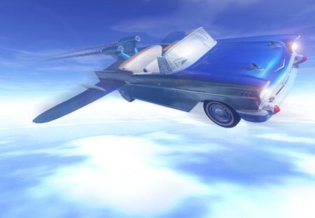 Flying Car - headlights, sky, fins, car, 3d, clouds, fly