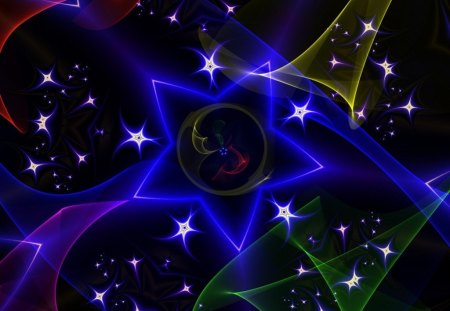 Spinning Stars - stars, colorful, spinning, black, white, abstract, purple, yellow, blue, red, green