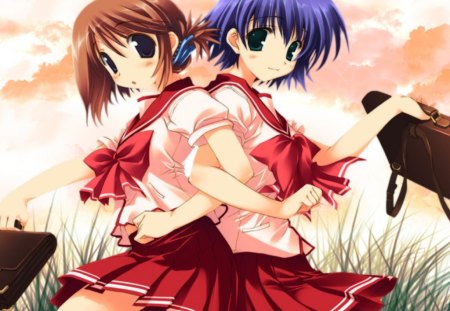 School Girls - girls, red, brifcases, anime, school, grass