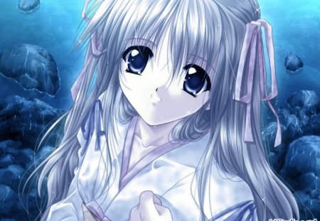 Wet - anime, water, blue, girl, ribbon, lake, wet