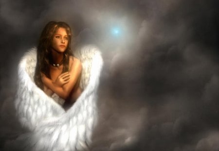 Guardian Angel in Life's Storms - clouds, storms, fantasy, wings, angel, light, guardian