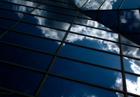 Roof - strips, blue, poland, light, widescreen, metal, angles, roof, sky, sun, clouds, sunlight, architecture, warsaw, structure, modern, glass