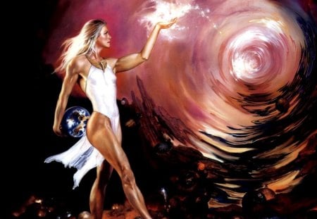 Controlling Her Powers - woman, female, boris, magic, vallejo, juilie bell, spaks, swirl, boris vallejo, globe, spiral