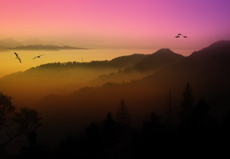 Twilight Over the Water - trees, birds, fog, evening, foggy, forest, soar, sunset, twilight, mist, flight, mountains, sky