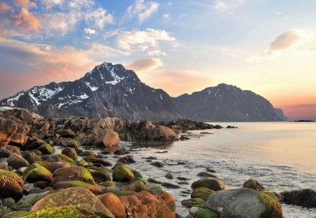 coastal mountains - vegetation, clouds, coast, mountains, stones