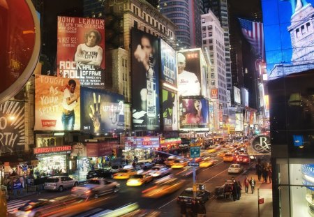 night in midtown manhattan - lights, skyscrapers, city, ads, cars