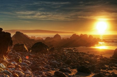 sunset on a rocky rocky beach - beach, boulders, rocks, sunset