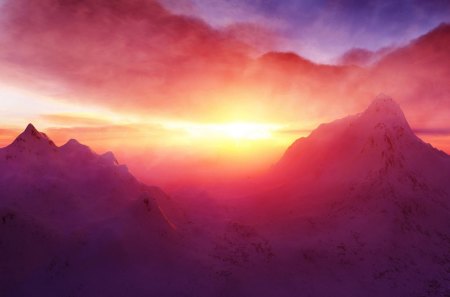 glorious mountain sunset - peaks, sunset, mountain, clouds