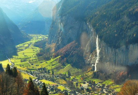 magnificent valley in switzerland - vilages, valley, mountains, waterfall