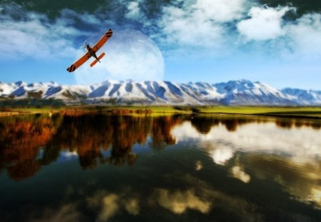 Snow Top Mountain Lake - sky, trees, wings, plane, reflection, clouds, grass, lake, landscape, mountain, daylight, day, crop, airplane, nature, blue, snow