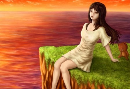 Anime girl at sunset - nature, young, doll, girl, anime, sunset, grass