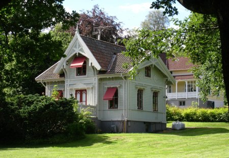 Old style - house, lawn, trees, sky