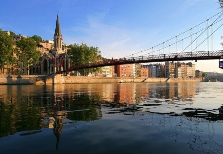 wonderful footbridge over a river - river, city, footbridge, church