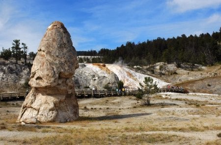 strange rock formation near a geyser - rock, tourists, geyser, formation