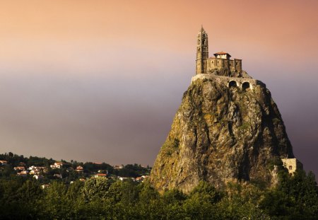 breath taking monastery on a cliff - sky, monastery, town, forest, cliff