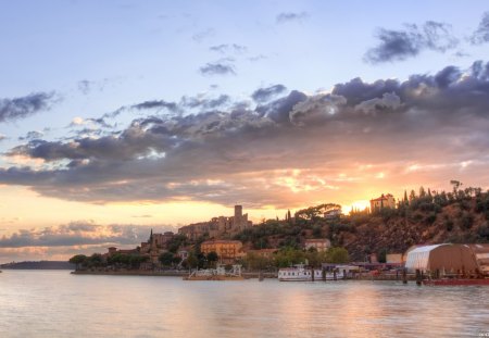 sunset on an italian lake town - lake, hill, town, clouds, sunset