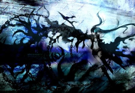 Black Rock Shooter! - black star shooter, emo, anime, anime girl, vocaloid, powere, original, sword, dark, black rock shooter, fantasy, chains, black hair, blue fire, anime warrior, blue eyes