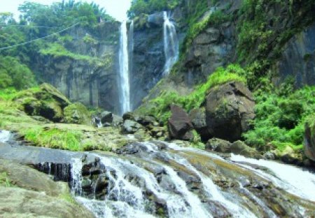 Waterfalls - waterfalls, grasses, rock, cliff, mountain