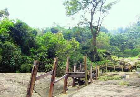 The damaged plank road - mountain, steep, leading to the waterfall, the damaged plank road