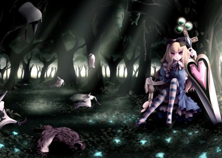 alice in the wonderland - sword, blonde girl, dark forest, blue dress