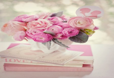 Romantic Reading & Pink Ranunculus - love, pretty, romantic, pink, books, bouquet, ranunculus, still life