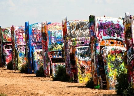 Cadillac Ranch - Texas, USA - paint, wreckage, cars, museum, quirky, recycle, texas, strange, graffiti, art