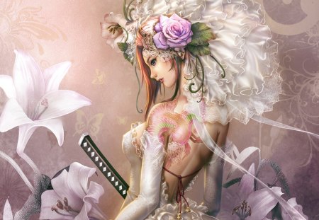 Even in Rest, I'm ready to Fight!! - female, she, beautiful, sword, lily, flowers, fantasy, white, woman