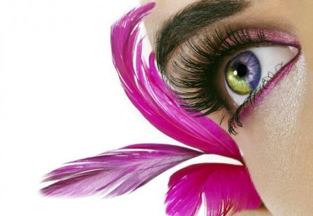 Pink - blue, make up, girl, eye, feather, beauty, pink, green, woman