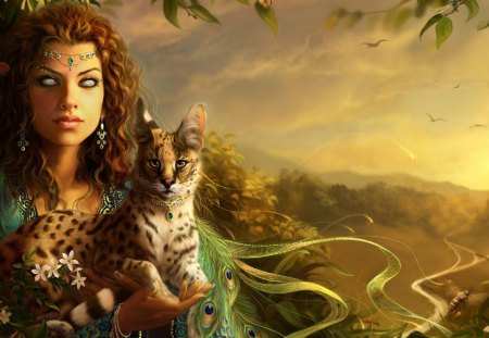 Seer with her familiar - hills, eyes, cats, fantasy, pet, seer, tree, nature, woman