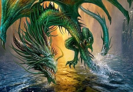 Jade Dragon - fly, water, flying, emerald, wings, fantasy, angry, jade, dragon, furious, green