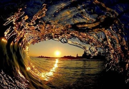 World through the sunset - water, beach, sunset, waves