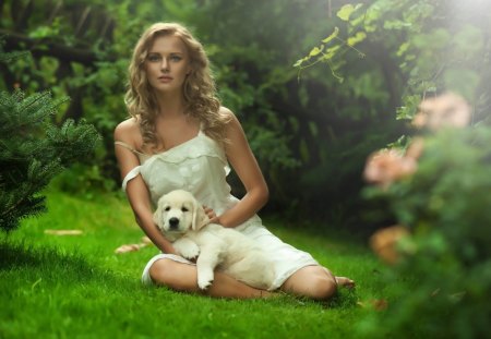 Pretty blond - beauty, sexy, puppy, girl, animals, blond, fashion, lovely, model, art, brunette, babe